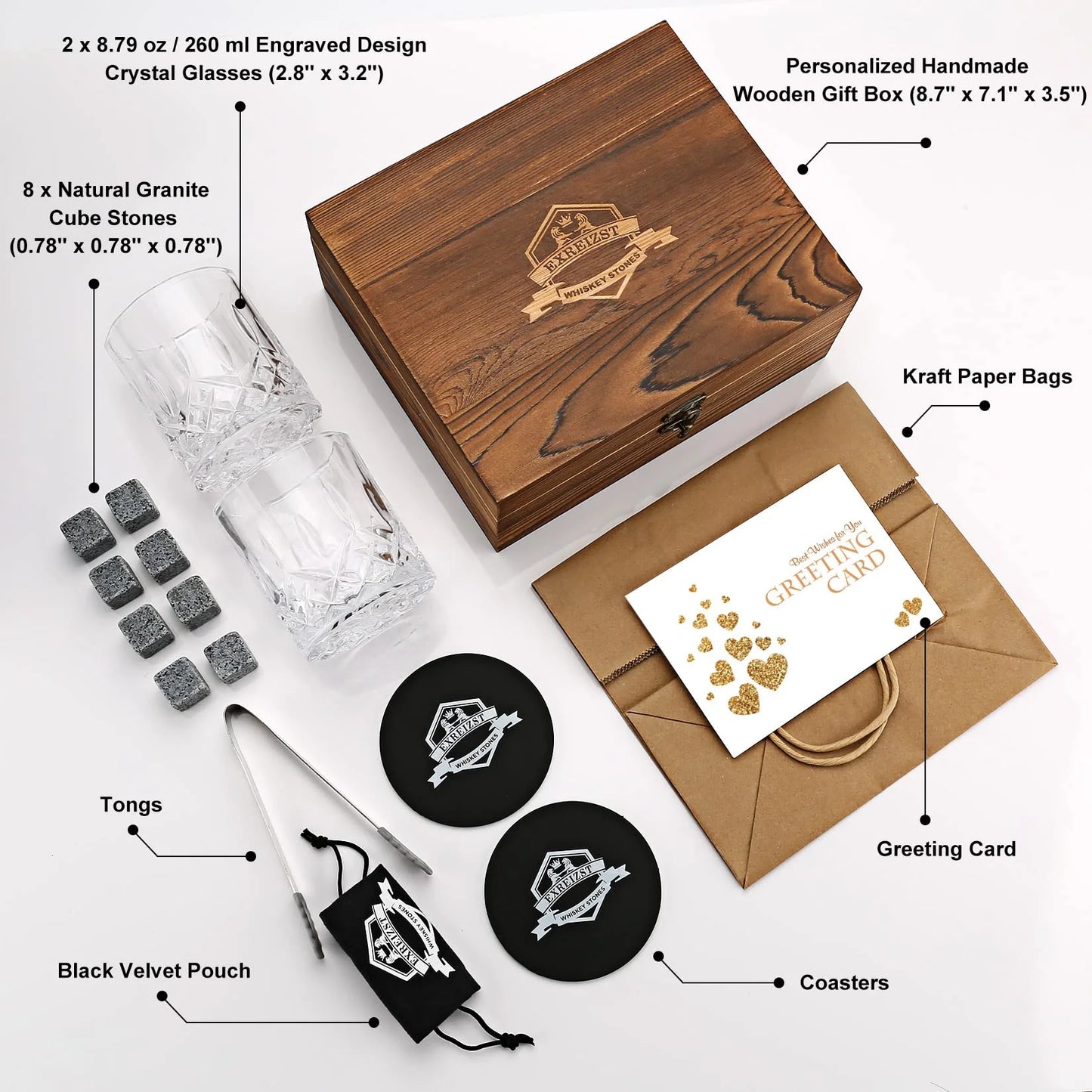 Whiskey Stones Glass Gift Set - Bourbon Scotch Whiskey Glasses Set of 2 - Granite Chilling Rocks in Premium Wooden Box-Best Drinking Gift for Men Dad Husband Father'S Day Birthday Gifts for Him Boss