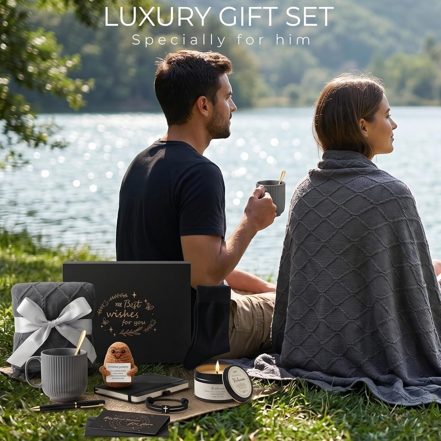 Fathers Day Get Well Soon Gift Baskets for Men- Self Care Package, Birthday Basket for Him, Grey Blanket Get Well, Gifts for Men Brother Uncle Dad Boyfriend