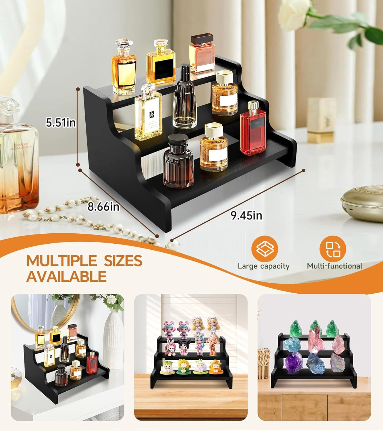 3 Tier Display Risers, Wooden Cologne Organizer for Men, Perfume Organizer Stand, Cologne Stand with Anti-Slip Washers, Wooden Display Shelf Stand for Dessert, Cupcake, Figure and Collection, Black, 3-Tier-9.4In