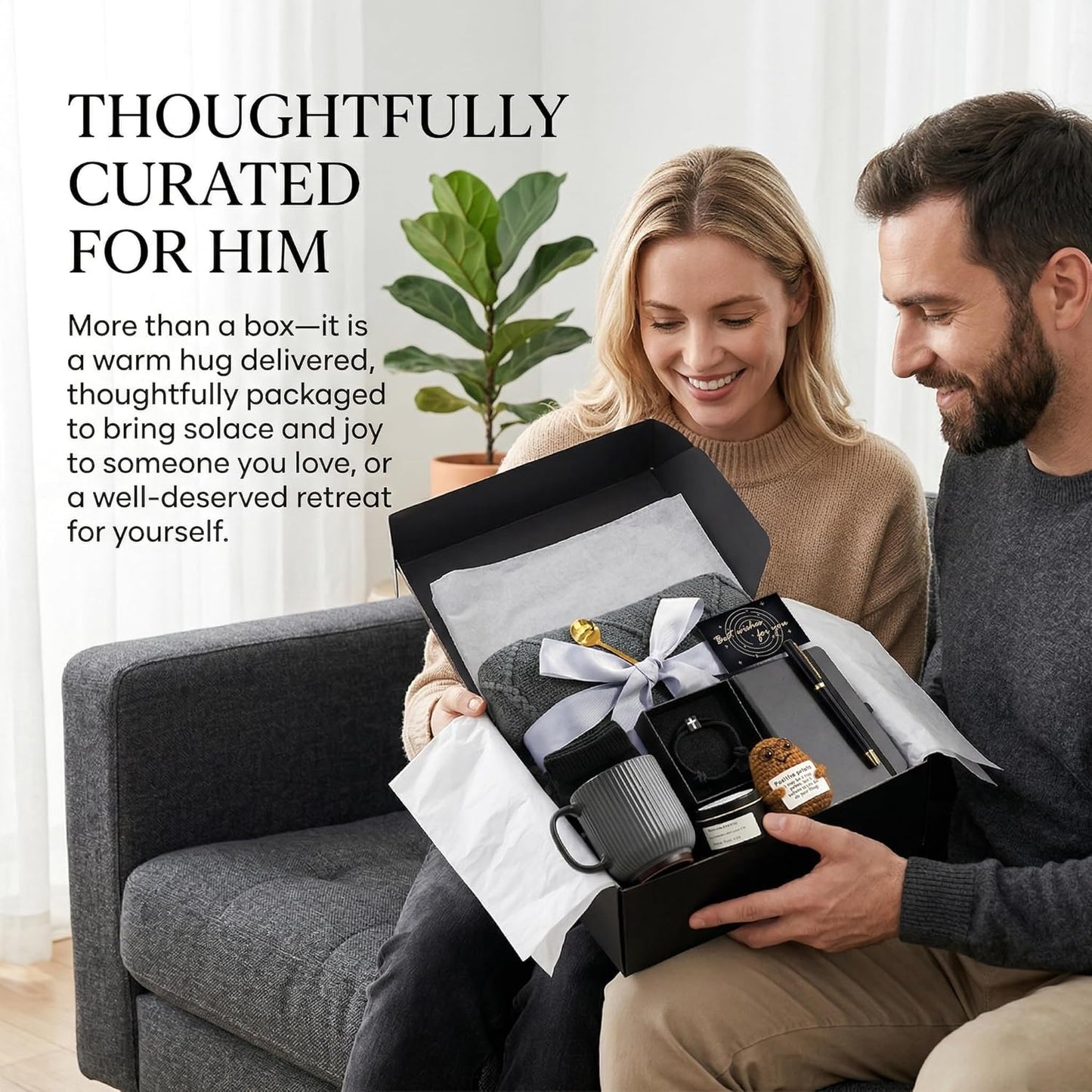 Fathers Day Get Well Soon Gift Baskets for Men- Self Care Package, Birthday Basket for Him, Grey Blanket Get Well, Gifts for Men Brother Uncle Dad Boyfriend
