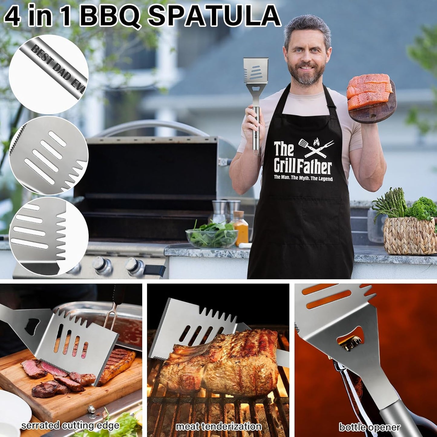 19Pcs Dad Father'S Day Gifts from Daughter Son BBQ Grill Tools Set with Apron Portable Bag Heavy Duty Stainless Steel Grilling Utensils Barbecue Accessories Kit for Men Father Papa Birthday Present