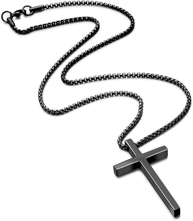 Cross Necklace for Men Teen Boys, Silver Black Gold Stainless Steel Plain Cross Pendant Necklace Box Chain 16-30 Inch