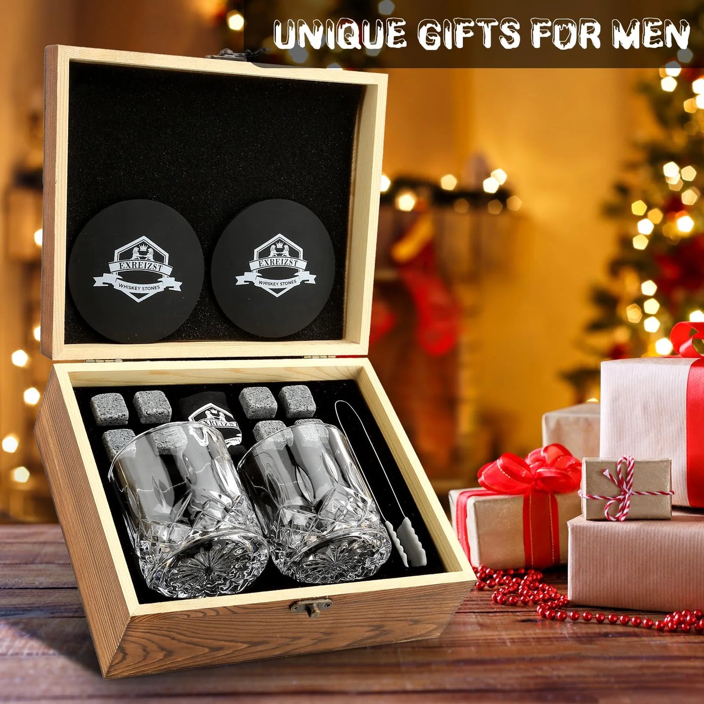 Whiskey Stones Glass Gift Set - Bourbon Scotch Whiskey Glasses Set of 2 - Granite Chilling Rocks in Premium Wooden Box-Best Drinking Gift for Men Dad Husband Father'S Day Birthday Gifts for Him Boss