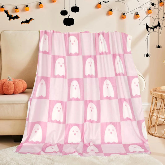 Fall Halloween Throw Blanket Cute Flannel Blankets Ghost Halloween Decorations, Lightweight Soft Warm Cozy Blanket for Bed Sofa Livingroom Chair Car Travel Pet Party Gifts, 30 X 40"
