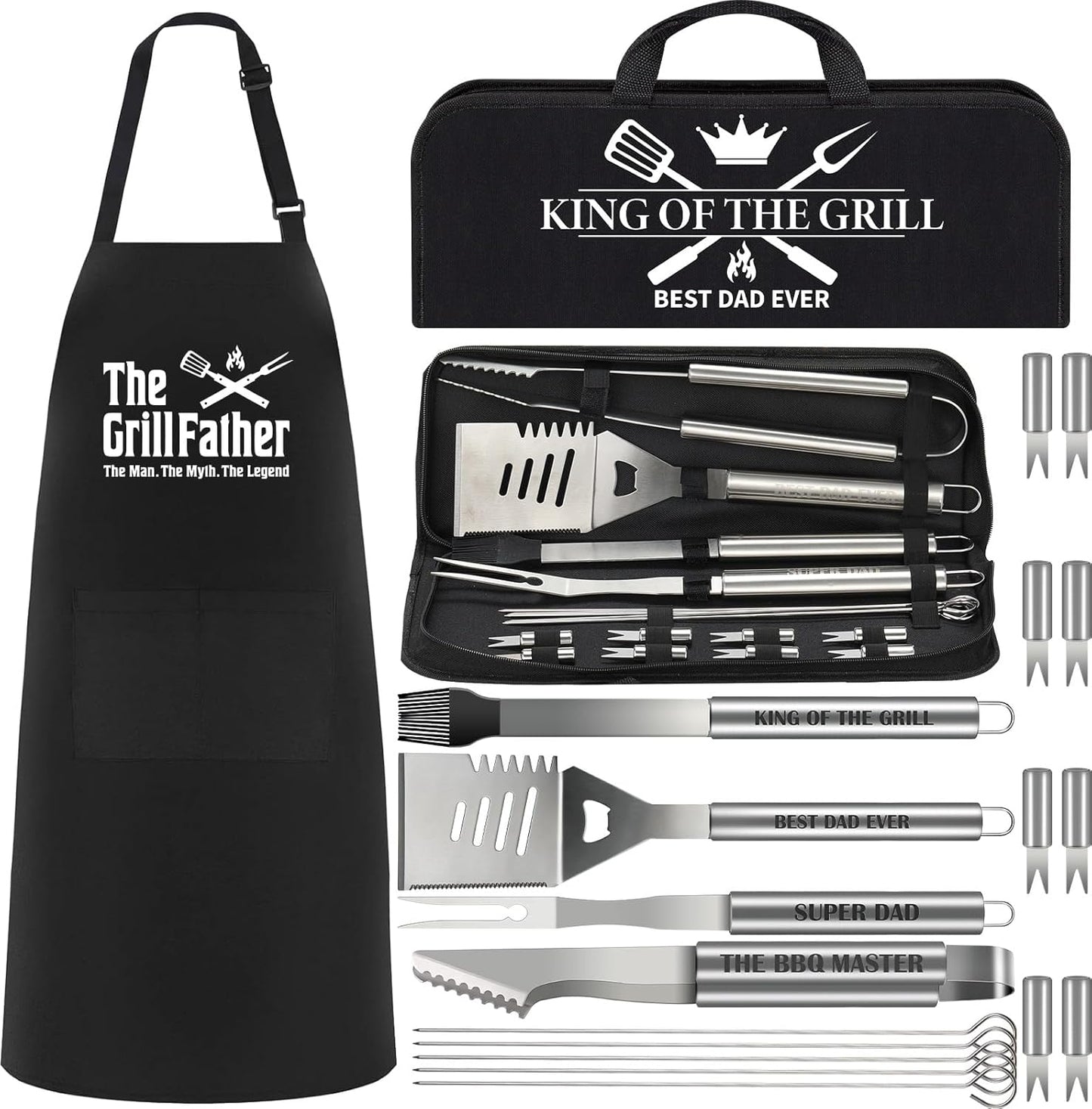 19Pcs Dad Father'S Day Gifts from Daughter Son BBQ Grill Tools Set with Apron Portable Bag Heavy Duty Stainless Steel Grilling Utensils Barbecue Accessories Kit for Men Father Papa Birthday Present