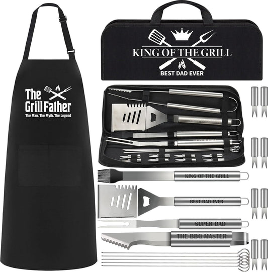 19Pcs Dad Father'S Day Gifts from Daughter Son BBQ Grill Tools Set with Apron Portable Bag Heavy Duty Stainless Steel Grilling Utensils Barbecue Accessories Kit for Men Father Papa Birthday Present